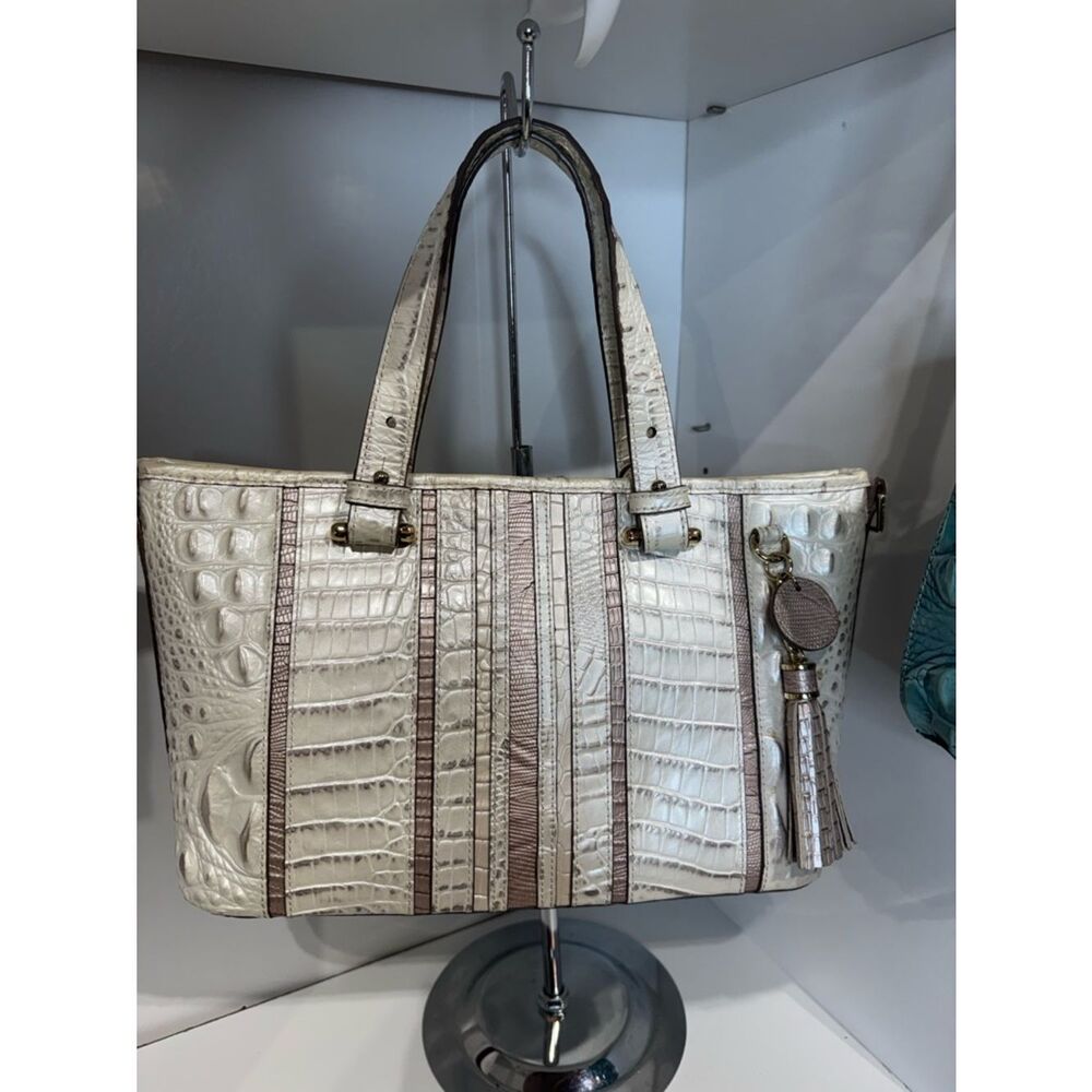 Brahmin mini Asher toasted macaron orleans Croc-Embossed Satchel with Taupe Trim